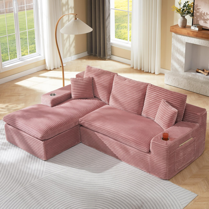 Canapé modulaire rembourré en mousse à compression 98,4 po avec méridienne et poche latérale, Rose