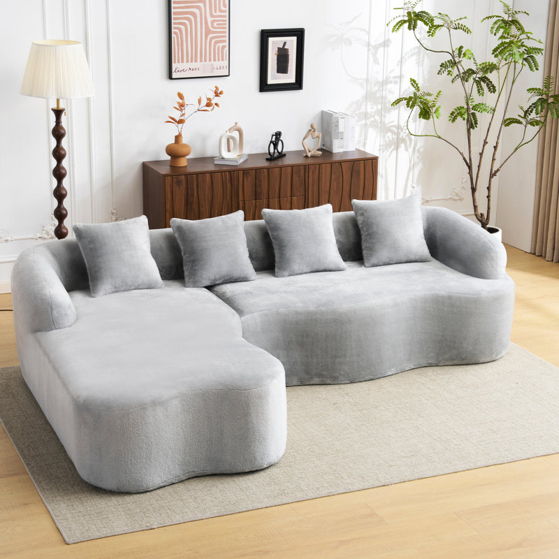 En forme de L gris modulaire avec méridienne incurvée, pleine compression, mousse haute, 4 sièges pour appartement, siège confortable plus profond et surélevé, coussins, conception à compression, espace de vie principal,