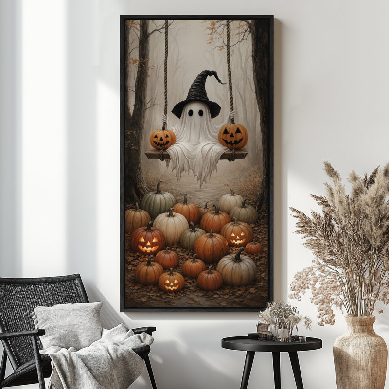 Tableau d'Halloween avec balançoire fantôme et citrouille, impression giclée sur toile encadrée, pour le salon, Black