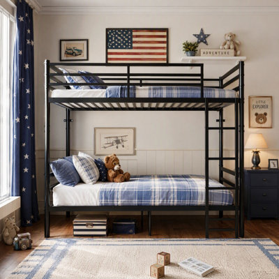 Twin Over Twin Metal Bunk Bed, Convertible into 2 Twin Beds, Twin Over Twin Bunk Bed with Ladder and Safety Guardrails