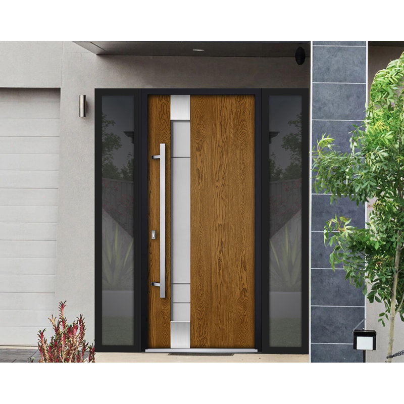 Front Exterior Prehung Steel Door / Deux 1713 Natural Oak / 2 Side Exterior Black Windows / Stainless Inserts Single Modern Painted-W16+36+16" x H80"-Right-hand Inswing