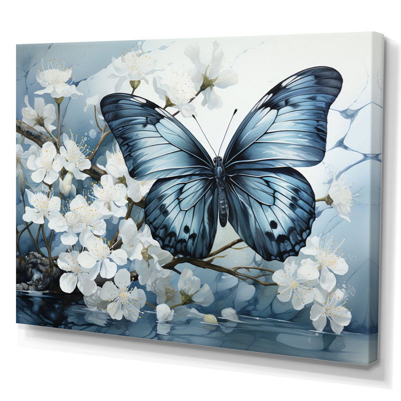 Bertena, bleu, blanc, papillon, reflet - art mural papillon, Toile tendue, H 12 po x l 20 po, Sans cadre