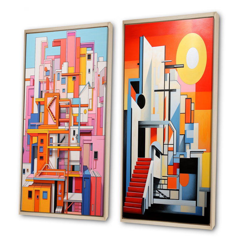 Théâtres Sunrise De Stijl - ensemble de 2 décorations murales de théâtres, Cadre flottant brun, H 40 po x l 41 po