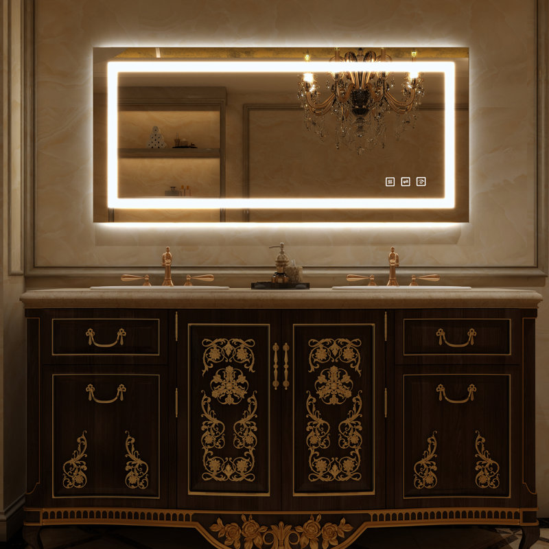 Led Bathroom Mirror, Dimmable Vanity Mirrors For Wall, Anti-fog, 3 Colors Adjustable, Memory, Double Led Lights ( Front And Backlit ) Durable Tempered Material