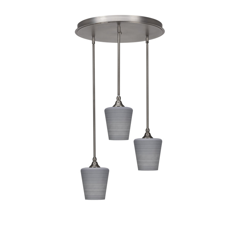 Luminaire suspendu grappe à 3 lumières Empire avec verre matriciel gris 6 po Empire, Nickel brossé
