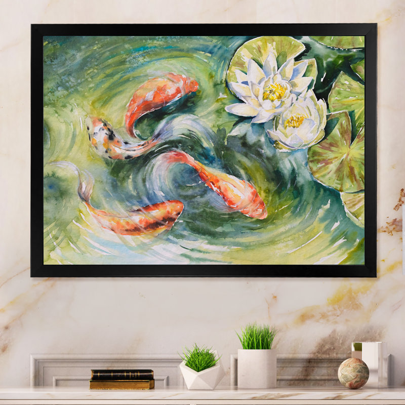 " Colourful Fishes Swimming In Pond ", Black Picture Framed Canvas, 8" H x 12" W x 1" D