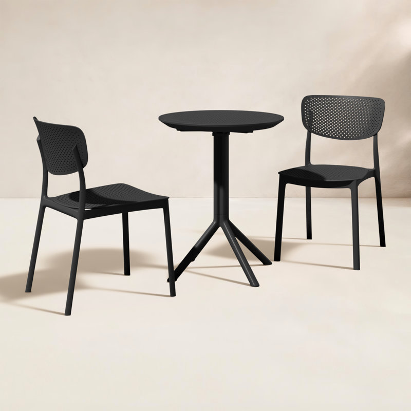 Farrah 23.6" W Round 2-Person Plastic Patio Bistro Set with Foldable Table, Black