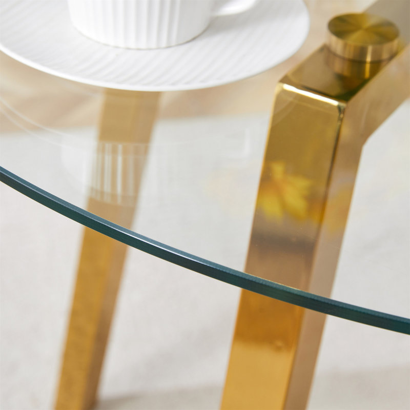 Modern Round Clear Tempered Glass Dining Table, Gold, 29.5" H x 36" W x 36" D