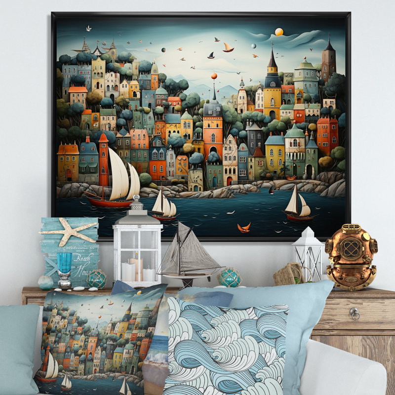 Coastal Dream Harbor Hues - Imprimé, H 24 po x l 32 po x P 1 po, Cadre flottant noir