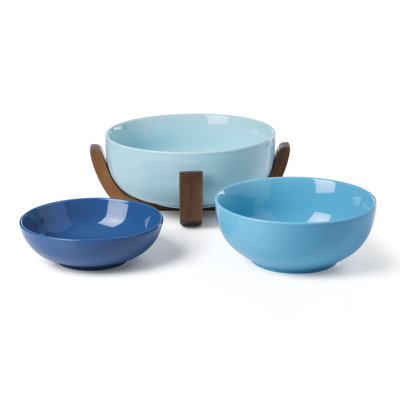  24 Seven Colors Nesting Bowls With Wood Stand, Turquoise