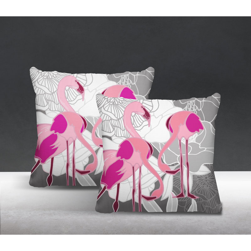 Oreiller carré intérieur / extérieur Mingo, L 15 po x H 15 po, Gris / rose