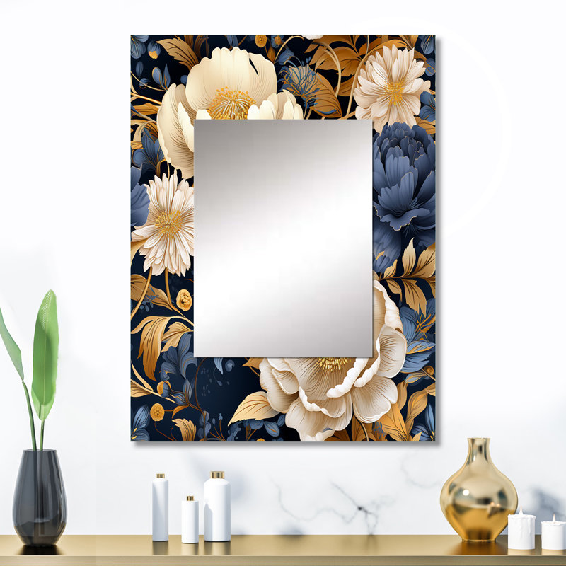 Carlock Blue And Beige Peonies Boho Pattern - Floral Decorative Wall Mirror, Floral Mirror, Printed Metal Art, 32" x 24"