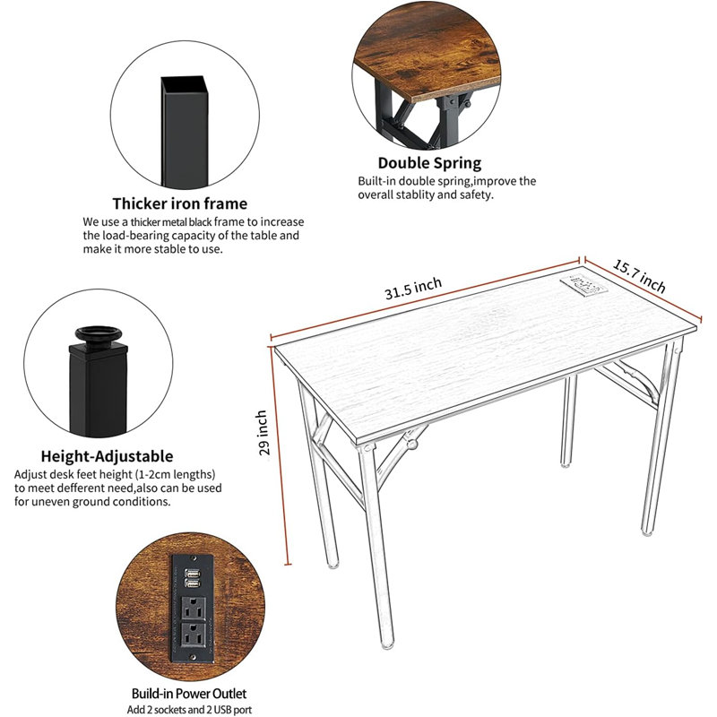 Bureau d'écriture pliable Ladonnia, prise encastrée, H 29 po x l 31,5 po x P 15,7 po