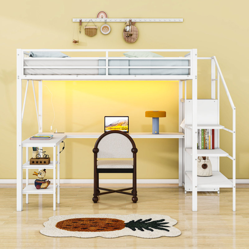 Lit mezzanine double avec garde-robe, bureau, USB et lumière DEL
