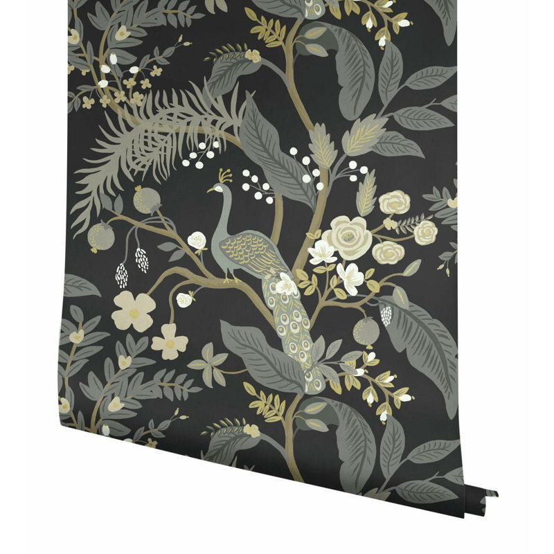 Peacock 27' x 27" Wallpaper Roll, Black/Gray