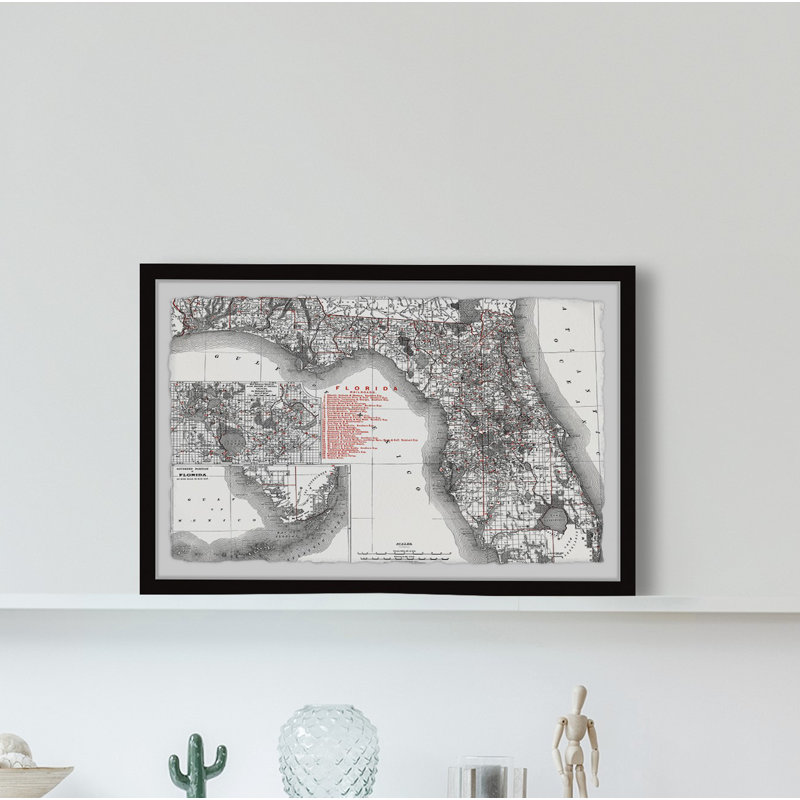Antique Map of Florida - Reproduction d'art graphique sur papier encadré, H 16 po x l 24 po x 1,5 po