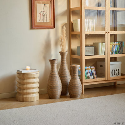Ensemble de 3 vases de sol élégants en rotin artificiel beige pour salon et entrée