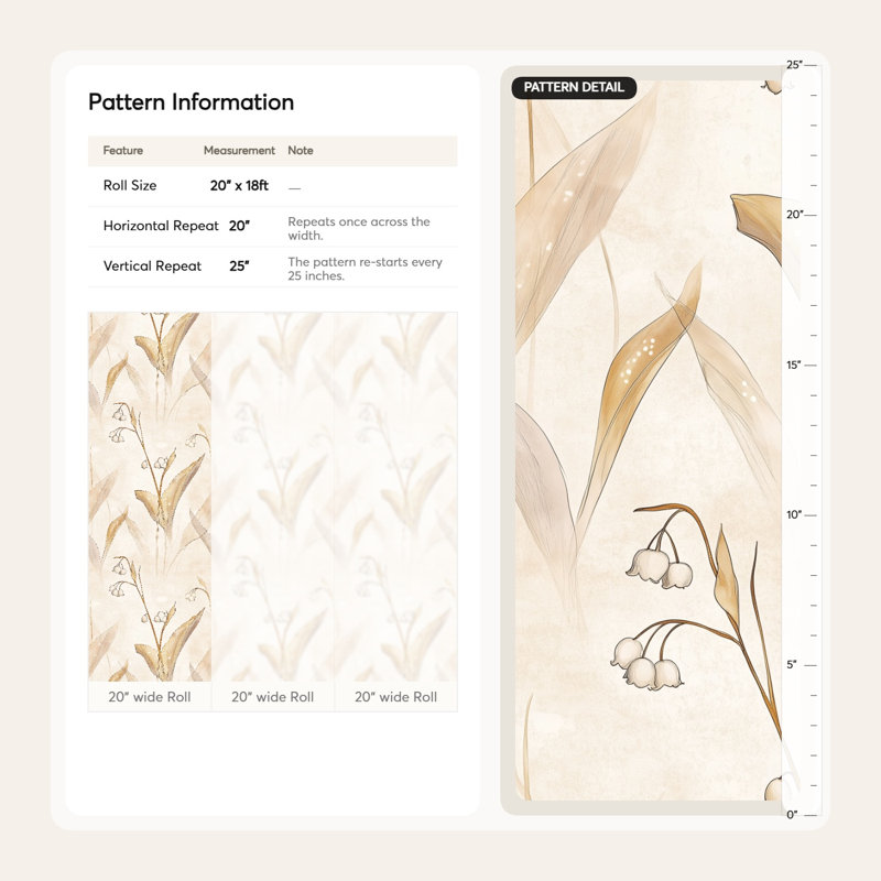 Papier peint botanique doux «Lily of the Valley» pour un rouleau adhésif