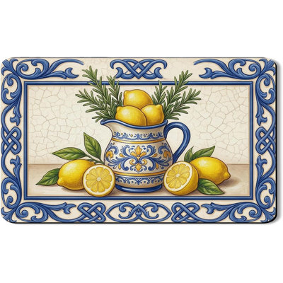 Tapis de séchage de plat de citron pour comptoir de cuisine, tapis de support d'égouttement en caoutchouc absorbant floral bleu, coussin de séchage en cuir pu méditerranéen pour bar à café 20 po x 31,5 po