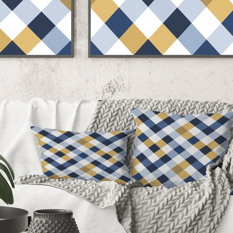 Coussin lombaire moderne à imprimé vichy bleu et jaune III