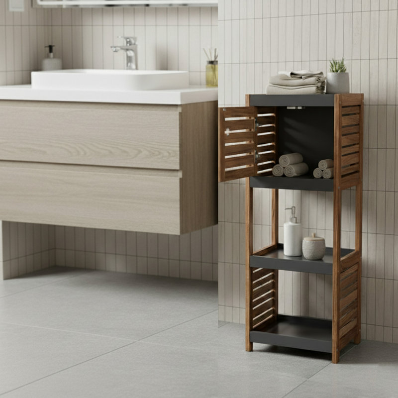Armoire de rangement compacte pour salle de bain avec tablettes ouvertes et porte ventilée, brun et gris - Collection Elements