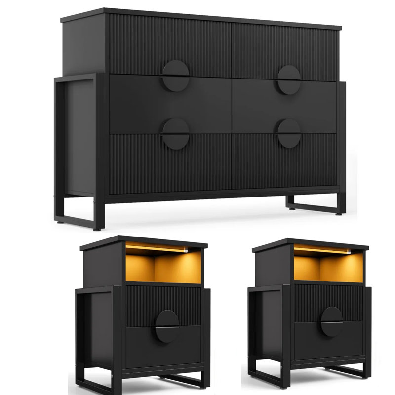 Ensemble de chambre à coucher 3 pièces Wrought Studio ™ - Commode cannelée à 6 tiroirs et 2 tables de chevet cannelées à 2 tiroirs
