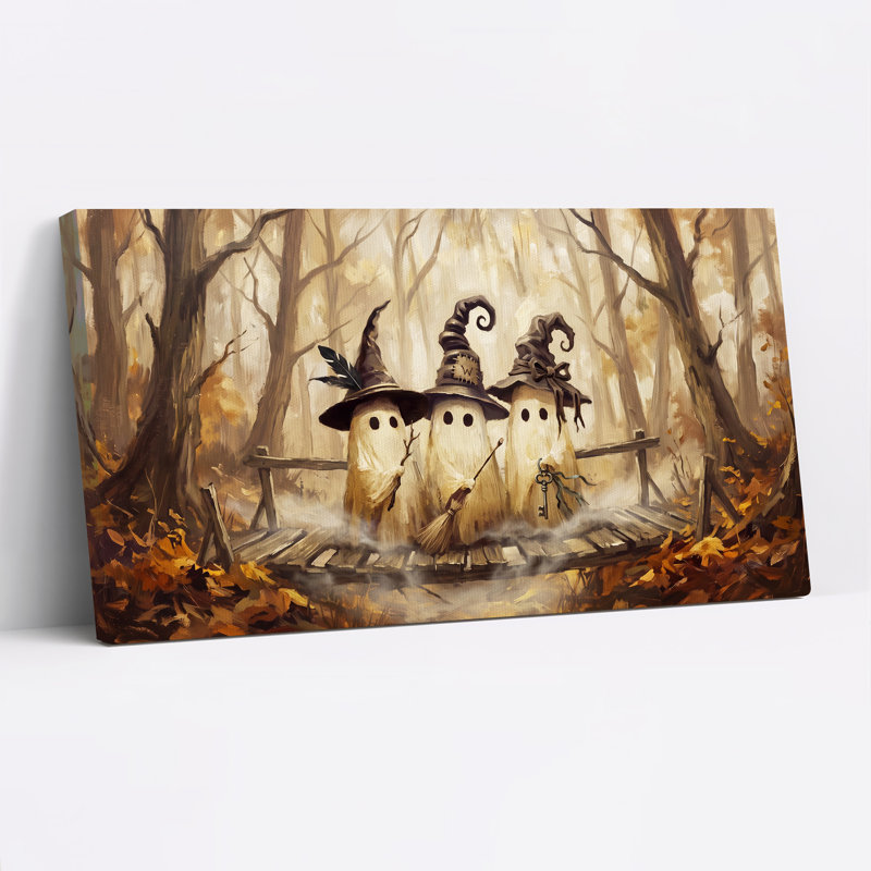 «Three Ghost Witches on Wooden Bridge in Autumn», art mural sur toile, L 20 po x H 10 po