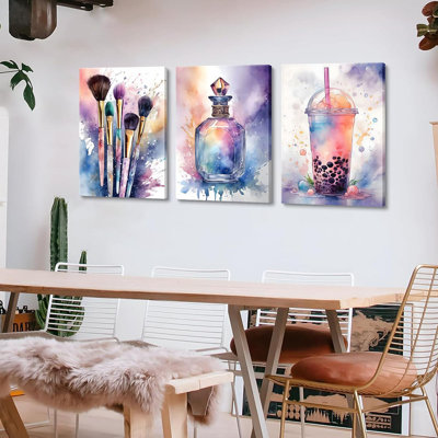 3Pcs Teen Girls Bedroom Wall Art S Colorful Fashion Makeup Brush Perfume Pictures Wall Decor Paintings, Watercolor Drink Prints Aesthetic Canvas Home Decor For Living Room Dorm 12X16 In Wrapped Canvas