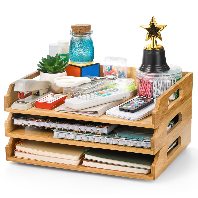 3 Pack Stackable Paper Trays, Bamboo Desk Letter Tray Set, 3 Tier File Document Organizer Tray For A4 Paper, Magazine, Receipts, Office Supplies