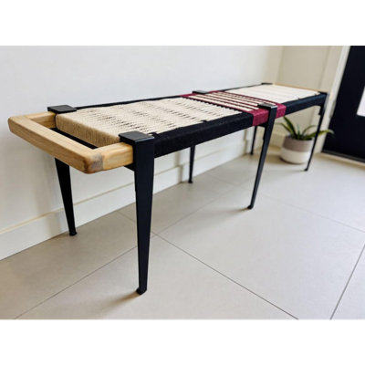 6 Ft Mid Century Modern Woven Bench, Handmade Solid Wood Entryway Bench with Handwoven Cotton Cord Seat, Dining Bench, Bedroom End of Bed Bench, Natural Wood