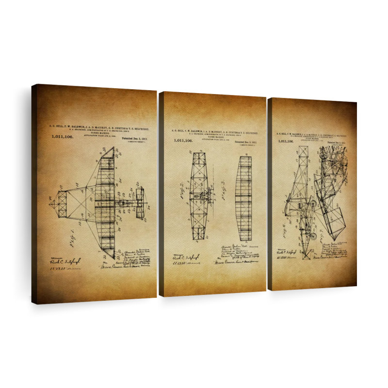 Ensemble de 3 pièces d'avion rétro sur toile, H 28 po x l 45 po x P 1,25 po