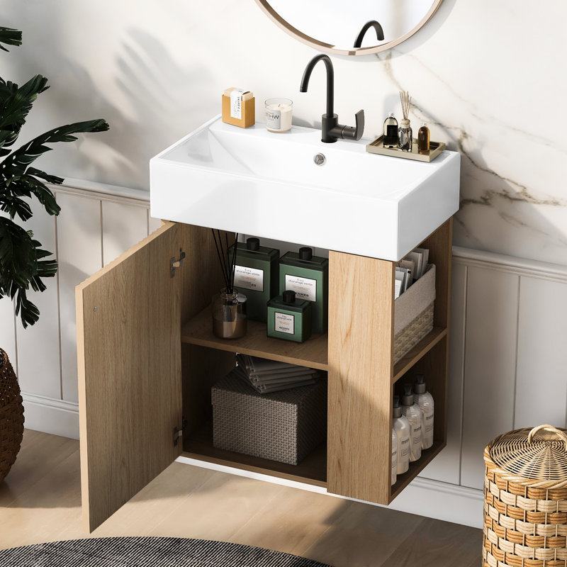 Armoire de salle de bain flottante de 21,6 po avec lavabo en céramique, trou de trop-plein, fermeture en douceur, utilisation moderne de l'espace, lavabo mural en céramique, trou unique pré-percé, porte, côté droit