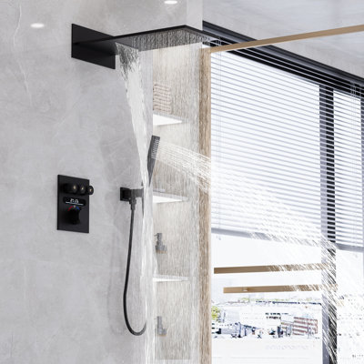 Matte Black Digital Thermostatic Shower System with 3 Function Rainfall and Waterfall Shower Head, Handheld Spray and Concealed Brass Valve