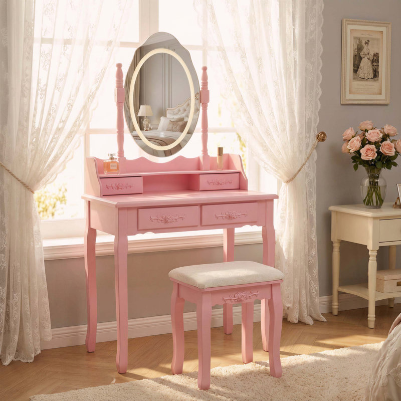 Ensemble de coiffeuse avec miroir DEL et 4 tiroirs, Rose