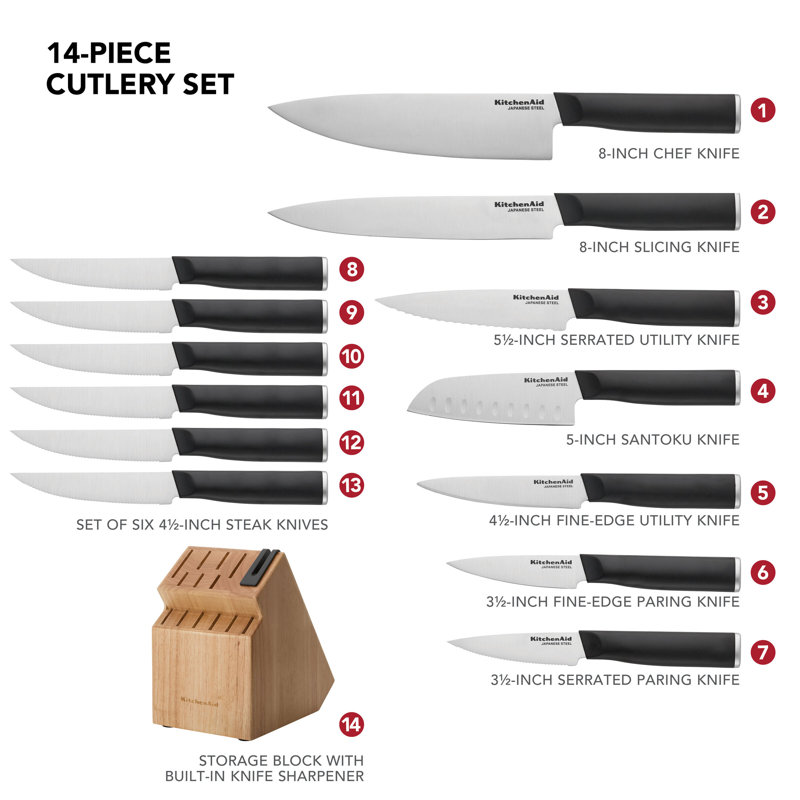 KitchenAid Classic 14 Piece Natural Step Block Cutlery Set
