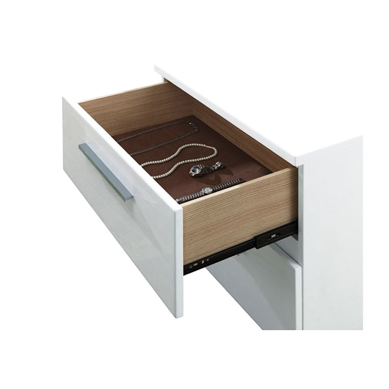 Bois massif + table de chevet, 2 tiroirs, blanc brillant pour les tiroirs de décoration de chambre à coucher avec intérieur en feutre et glissières