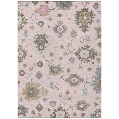 Tapis intérieur lavable floral ivoire et chocolat 8 pi x 10 pi rose