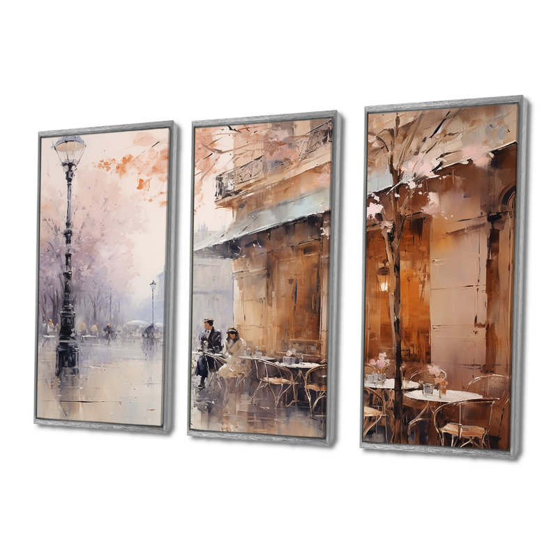 «Peach Impressionist Cafe In Paris - City Paris», ensemble d'art mural, H 28 po x l 36 po x P 1 po, Encadrement argenté