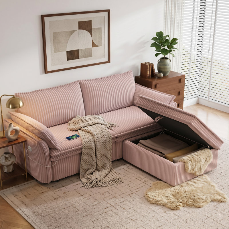 85" Textured Fabric Convertible Sofa Bed, Modern 2-in-1 Sleeper Couch, Pink
