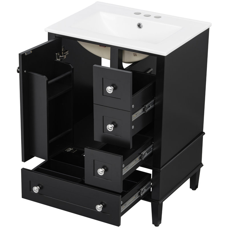 Meuble-lavabo noir de 24 po avec tablette à double couche, tiroirs à fermeture en douceur et panneaux 24 po Armoire avec support, pieds réglables
