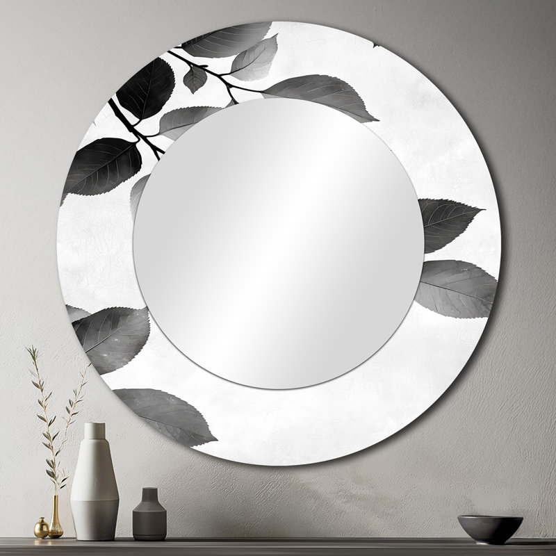 Feuilles noires et blanches Gentle Breeze I - décoration murale miroir traditionnel - imprimé sur métal, 36 po x 36 po