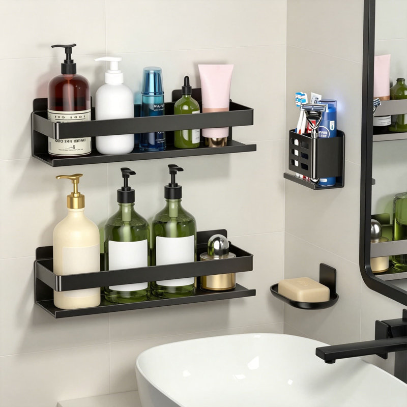 Ensemble de 4 tablettes de salle de bain en aluminium antirouille avec installation adhésive, sans perçage requis, rangement mural imperméable pour shampooing, savon, brosse à dents, 11,8 po