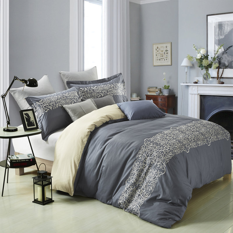 Slate Blue and Cream Cotton Pintuck King Duvet Cover Set
