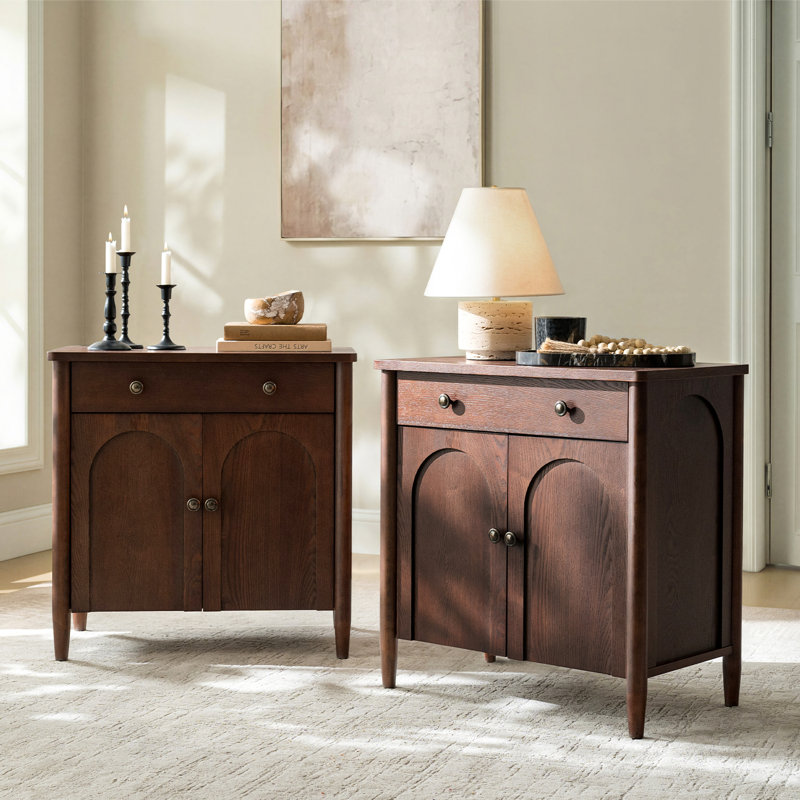 Leominster 28"W 1-Drawer 2 Arched Door Cabinet Chest with Solid Pine Wood Legs and Built-In Power Outlet