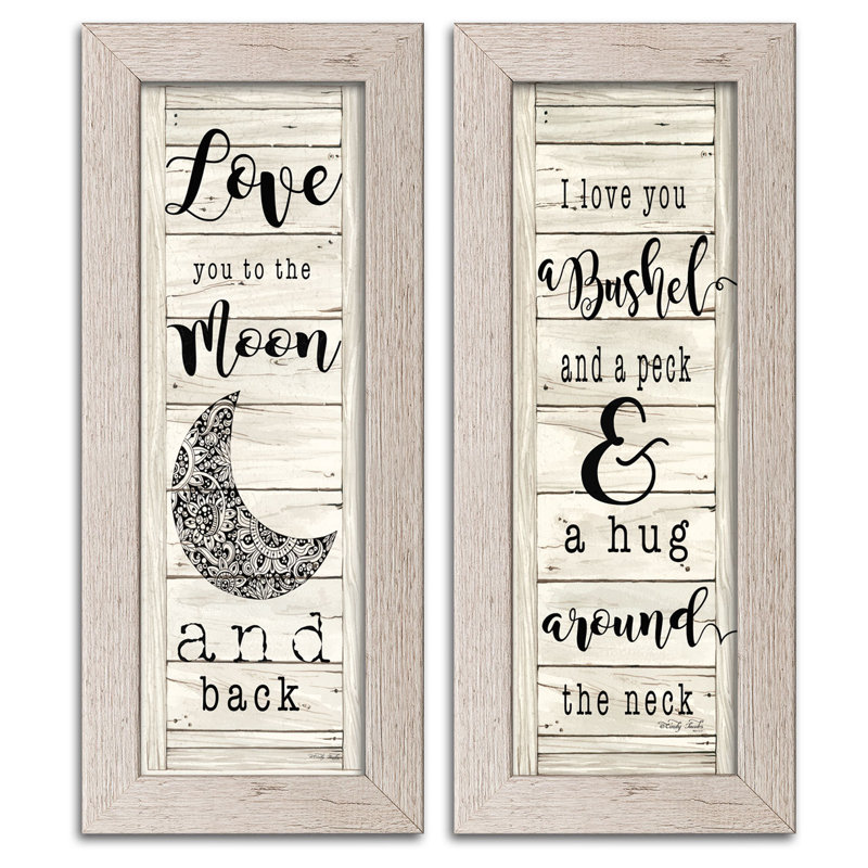 «Love You to the Moon and Back and Hug Around the Neck», ensemble de 2 reproductions d'art textuel, Cadre blanc vieilli