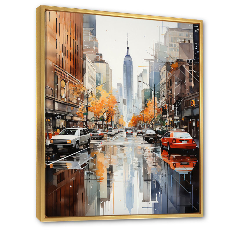 Collage sur toile Mauree New York, Cadre flottant doré, H 32 po x l 16 po x P 1 po