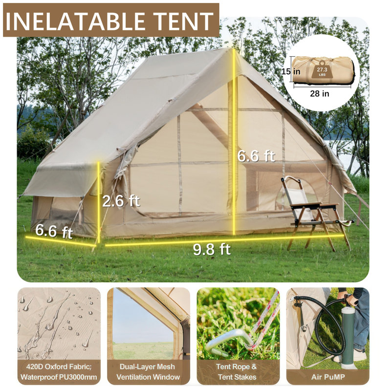Inflatable Tent With Pump,Glamping Tents For 4-6 Person, Easy Setup 4 Season Waterproof Outdoor Tent,Waterproof Luxury Glamping Tent with 12 Mesh Window