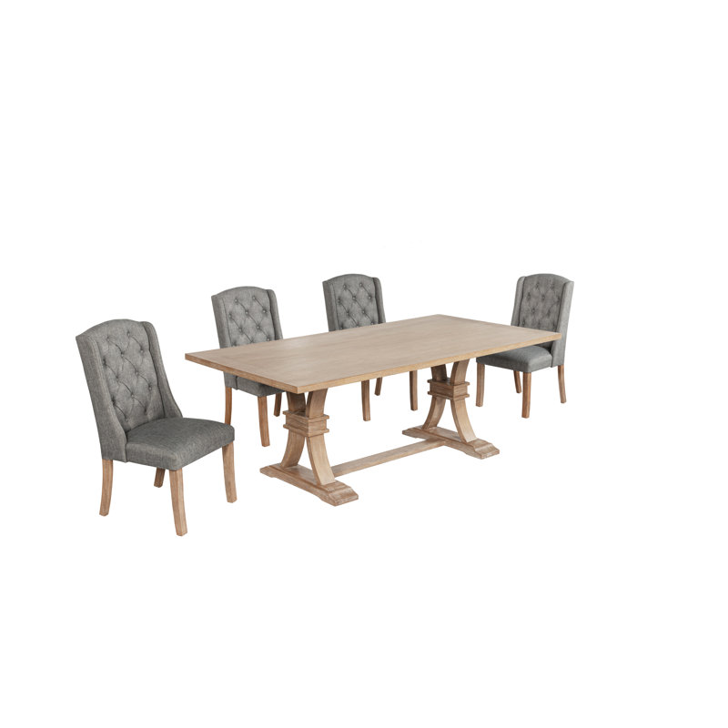 Traditional Style Dining Set With Wingback Chairs, 5, Gray/Tan