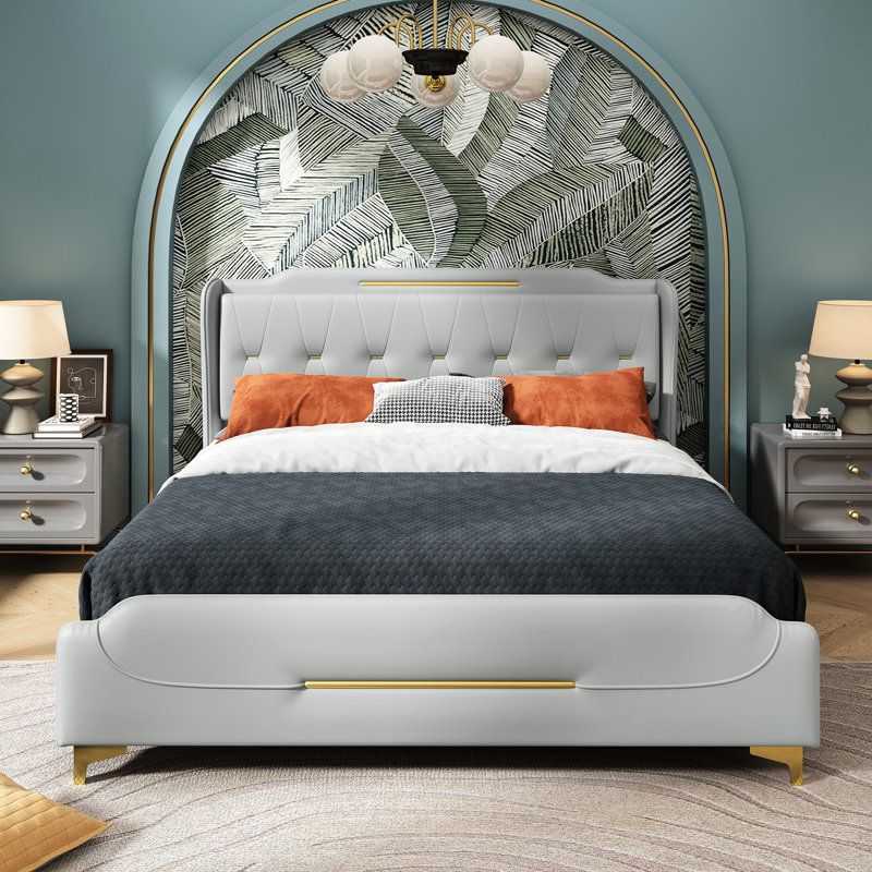 Queen Size Pu Upholstered Platform Bed Frame, Wingback Headboard, , No Box Spring, 800 Lbs Capacity Grey Leather Platform, Metal Reinforcement