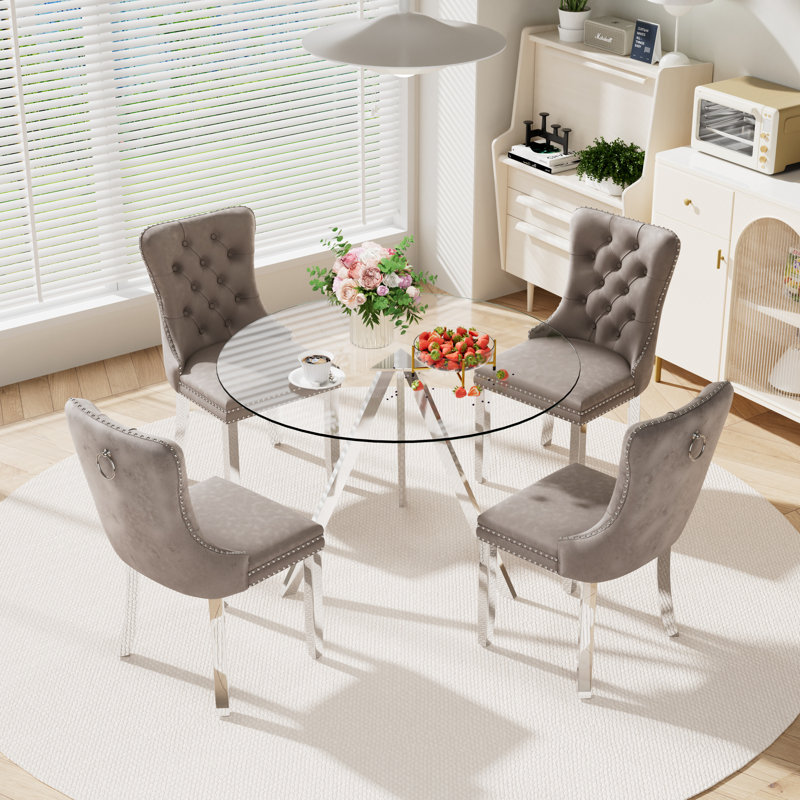 Round Dining Table Set for 4, Gray, 30" H x 39" W x 39" D